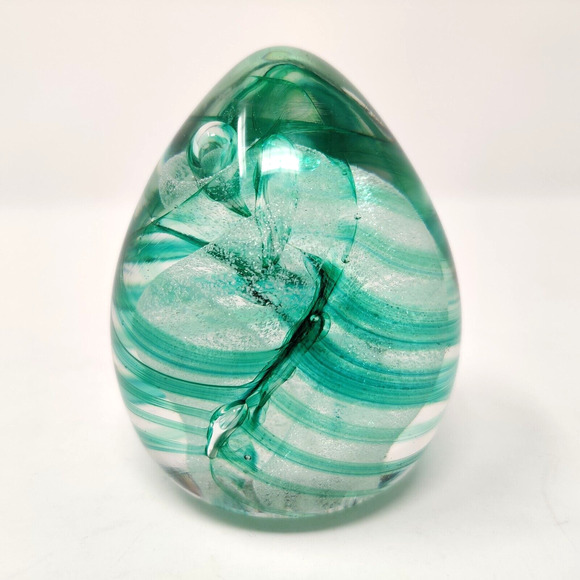 Vintage Studio Glass Paperweight Egg Green Swirl Signed Ann Corcoran '93 Nouwrot - Picture 9 of 16